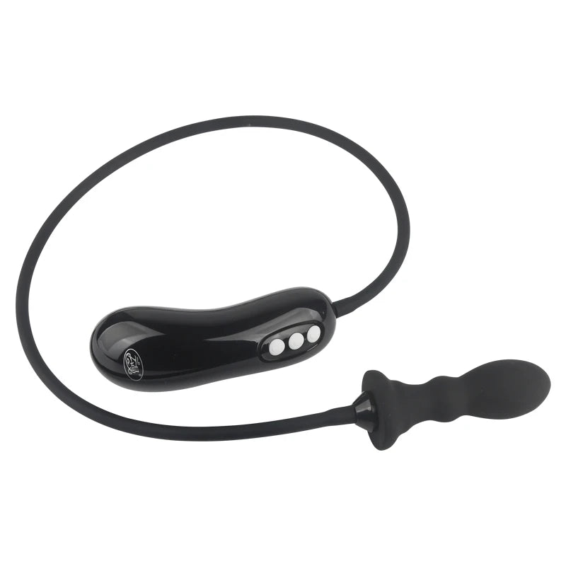Black electronic device with a cord on a white background
