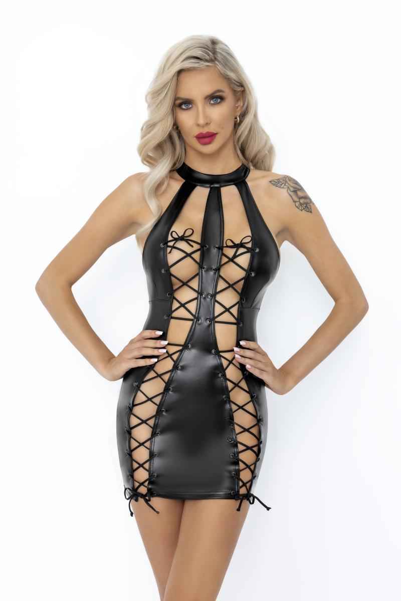 Seductive Power Wetlook Lace-Up Mini Dress with Full Back Zipper
