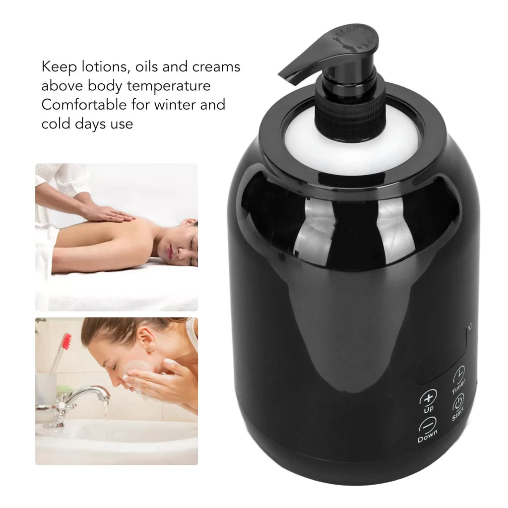 Black electric warmer with pump for lotions, oils, and creams, shown with usage examples.