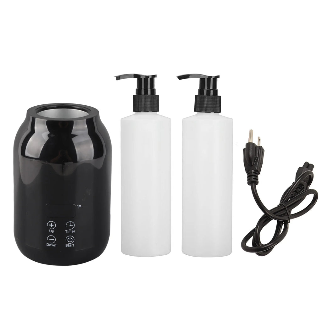 Black and white bottles with pump dispensers and a power cord on a white background